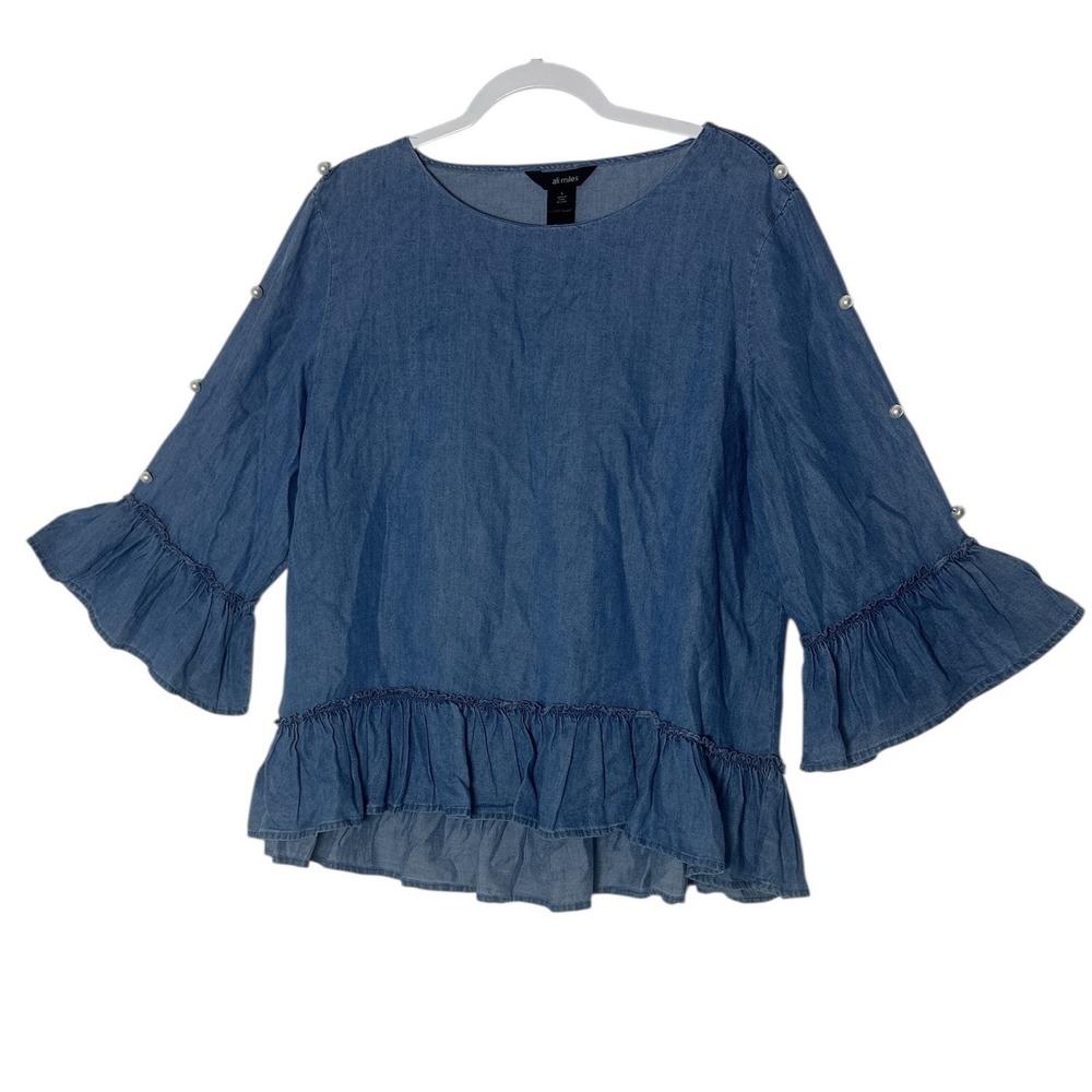Ali Miles Top Women's Large Chambray‎ Ruffle Peplum Blue Pearl Accents Formal